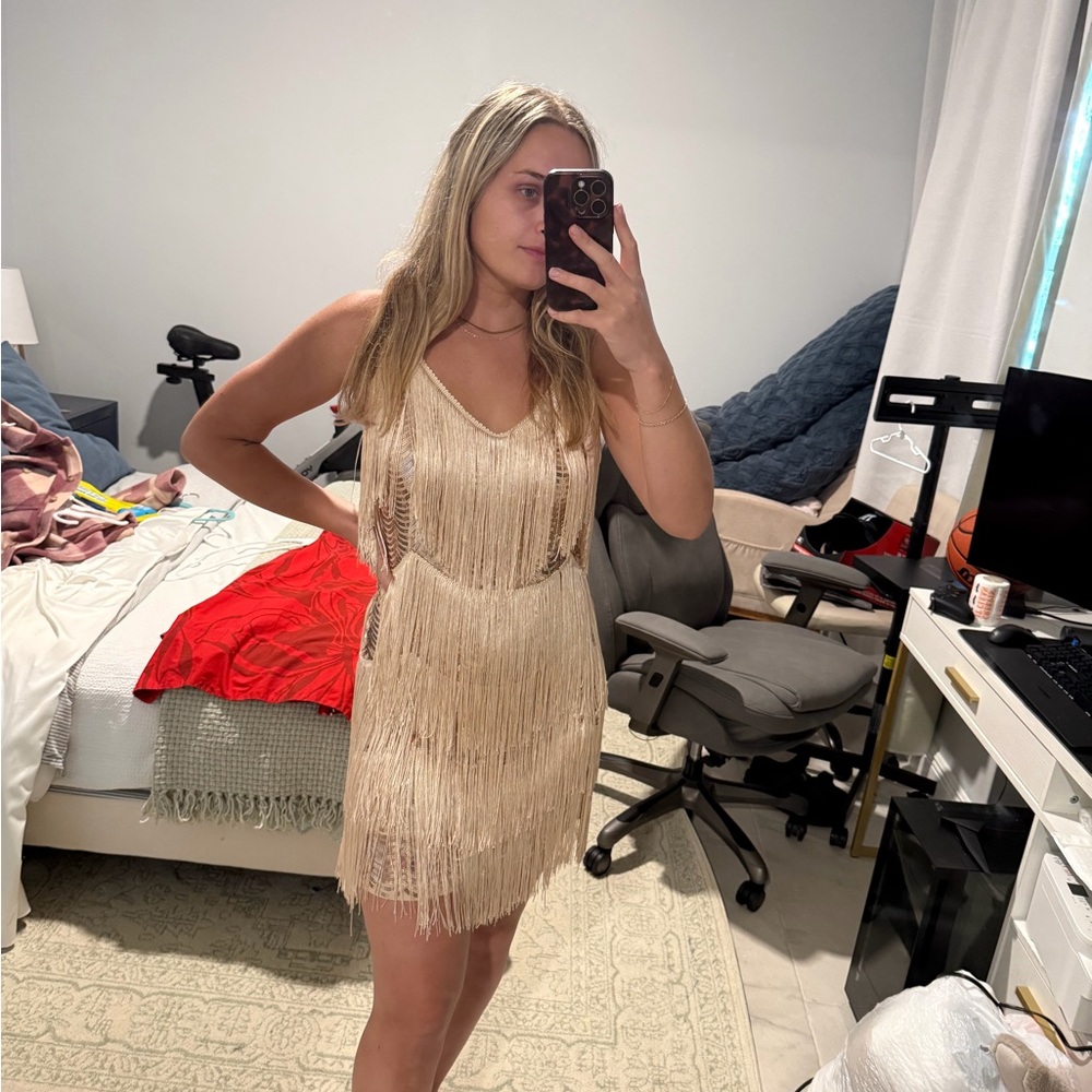 Lulu's Champagne Fringe Mini Dress